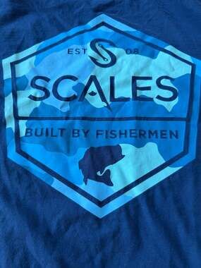 Scales Gear Built By Fishermen Blue Camo Bass Logo Graphic T-Shirt XL